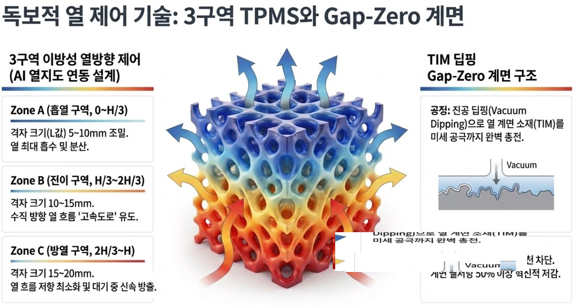 Gap-Zero 계면 TIM 및 TPMS 3구역 열방향 제어 도해