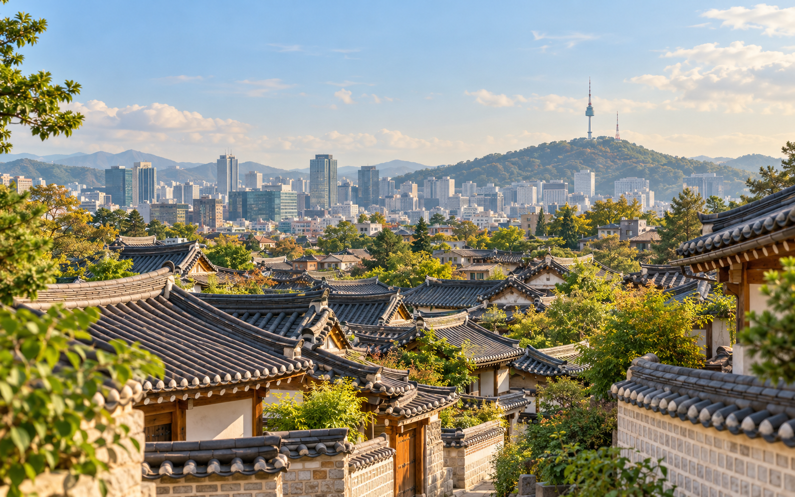 서울 한옥과 도시 풍경을 표현한 AI 생성 콘셉트 이미지
