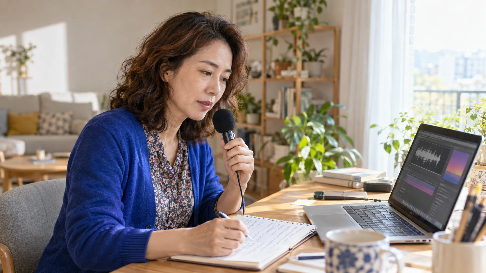 마이크와 노트북으로 음성을 녹음하는 40대 여성