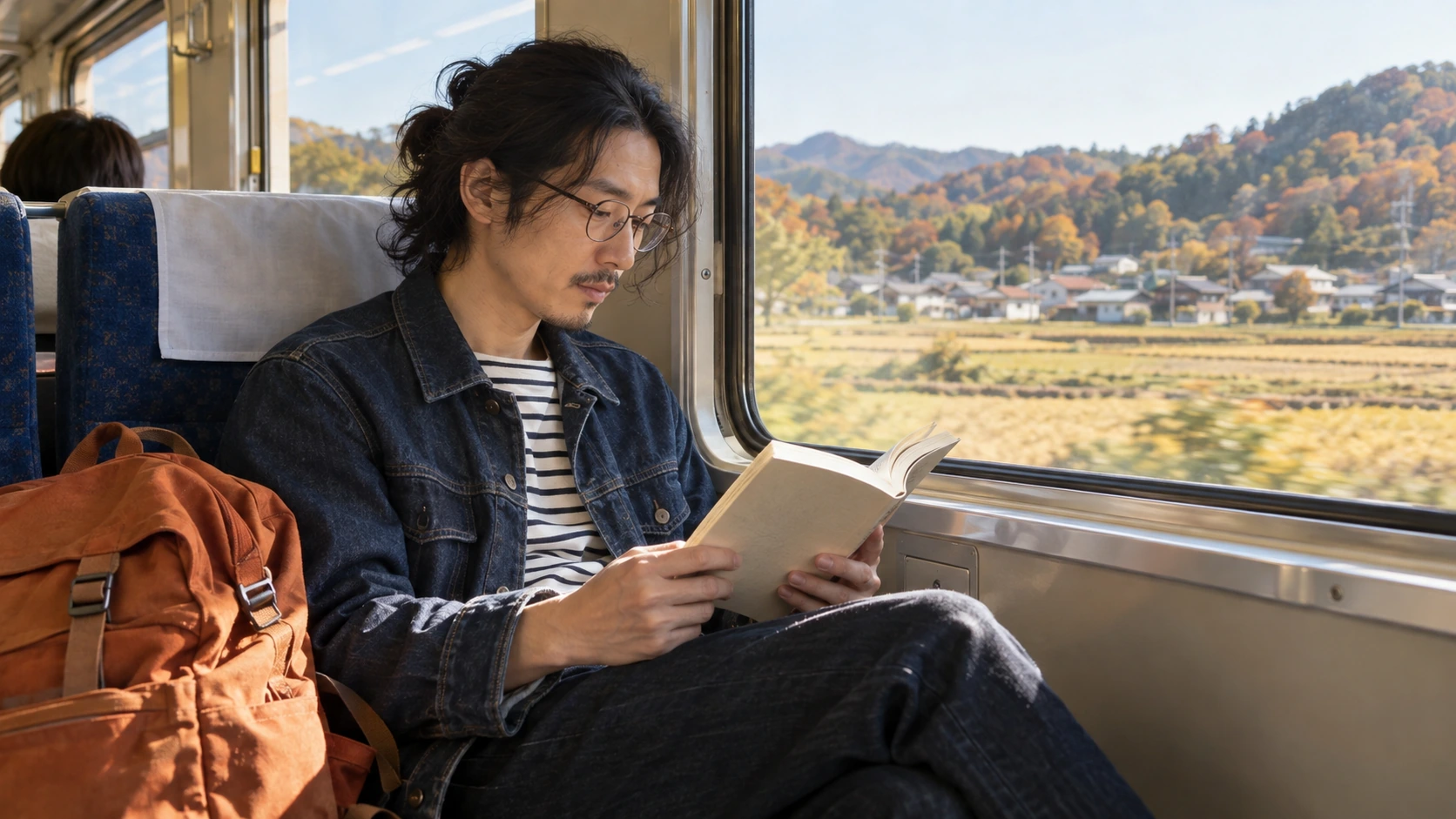 동네 기차에서 책을 읽는 데님 차림의 30대 남성