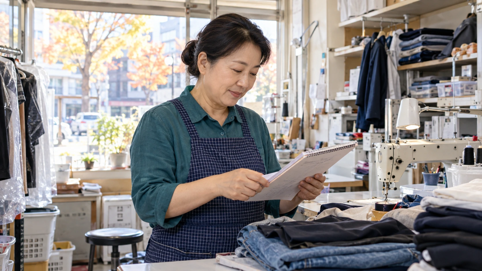 동네 세탁·수선 가게에서 주문을 확인하는 50대 여성 사장님