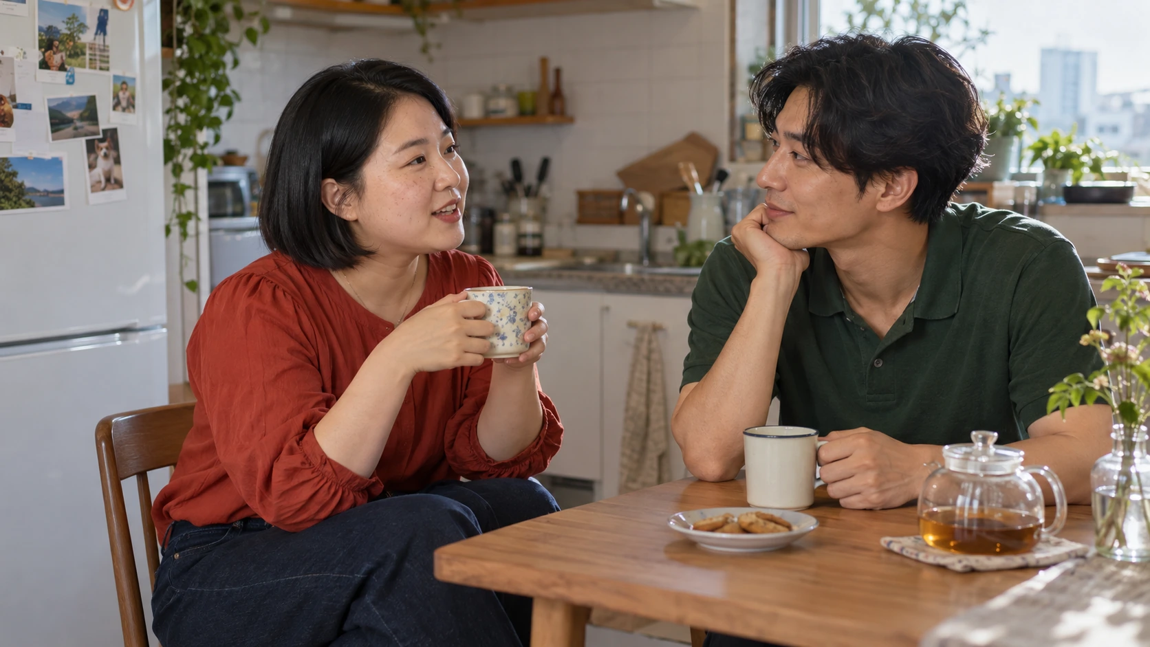 차를 마시며 대화하는 30대 커플
