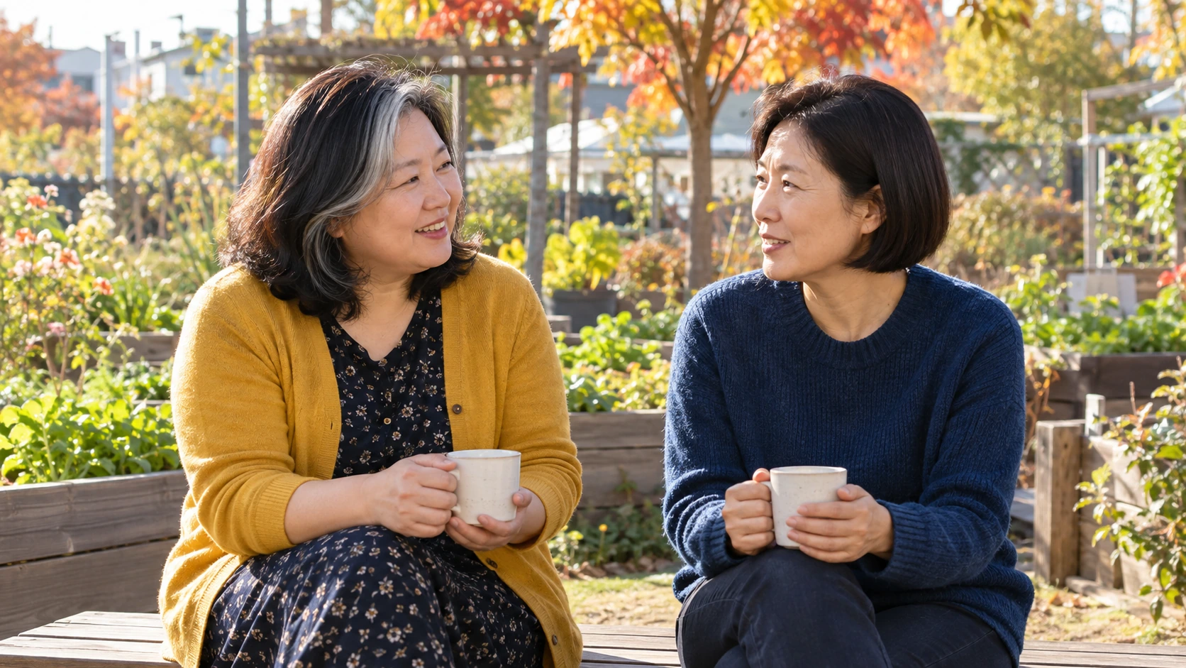 동네 정원에서 대화하는 50대 여성 친구들
