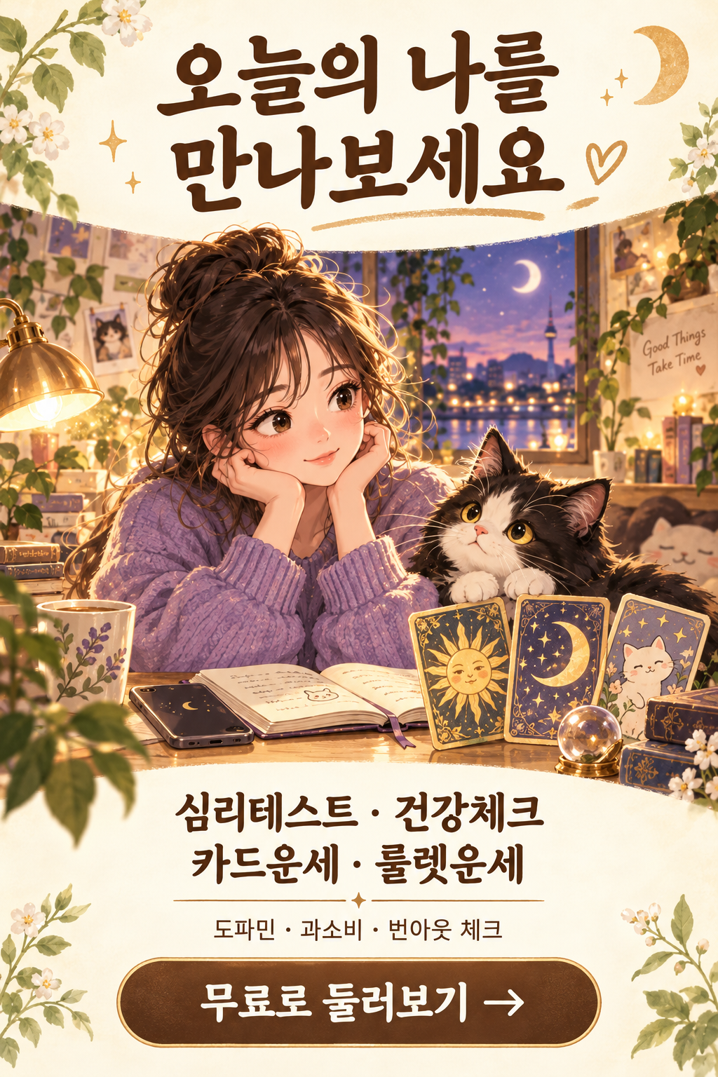 오늘의 나를 만나보세요. 심리테스트 · 건강체크, 카드운세 · 룰렛운세. 도파민 · 과소비 · 번아웃 체크. 무료로 둘러보기