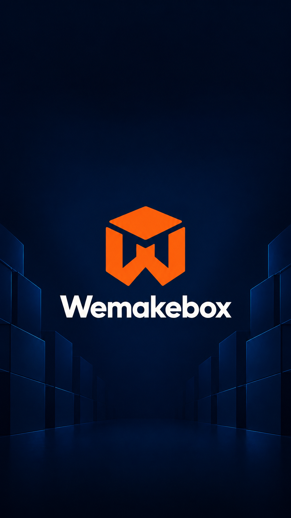 오렌지 큐브 로고와 네이비 수납공간을 표현한 Wemakebox 브랜드 이미지