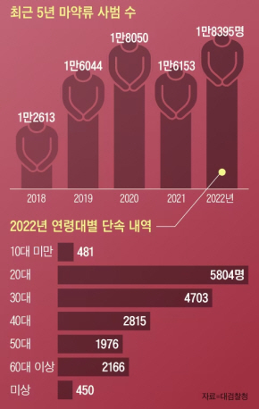 ● 최근 5년 마약류 사범 수 ● 2022년 연령대별 단속 내역